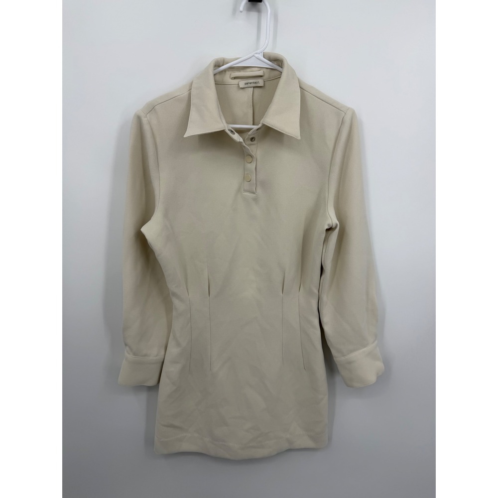 Parentezi Polo Mini Dress‎ Women Medium Cream Long Sleeve Pleated Cinched Waist